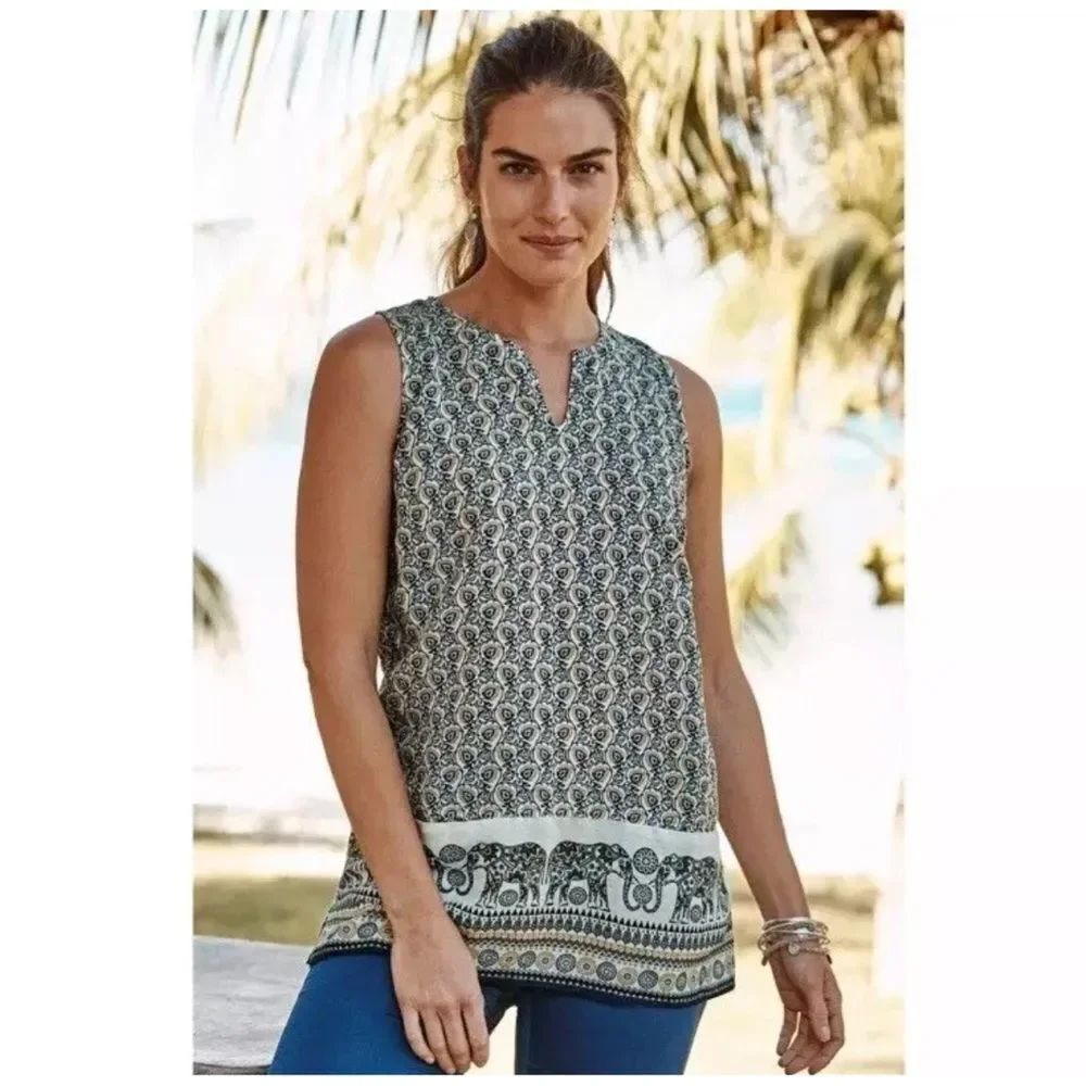 J. Jill 100% Linen Sleeveless Tunic Top Elephant Floral Print Boho Summer